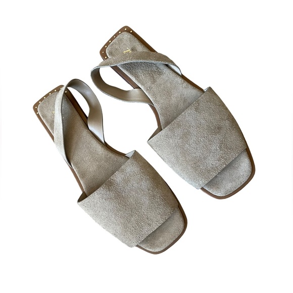 Zara Suede Flat Sandals Neutral Tan Square Toe Stud Detail EU 39 US 8.5 - Picture 7 of 12